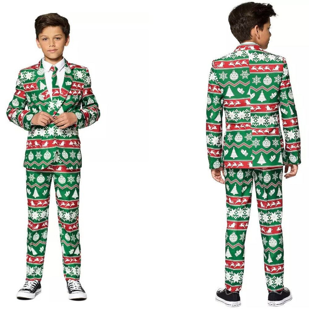 OPPO Suitmeister Green Nordic Christmas Suit Kids Sz 8-10 MEDIUM